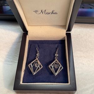 Mischa silver geometric cage drop earrings with crystals 2”. IOB